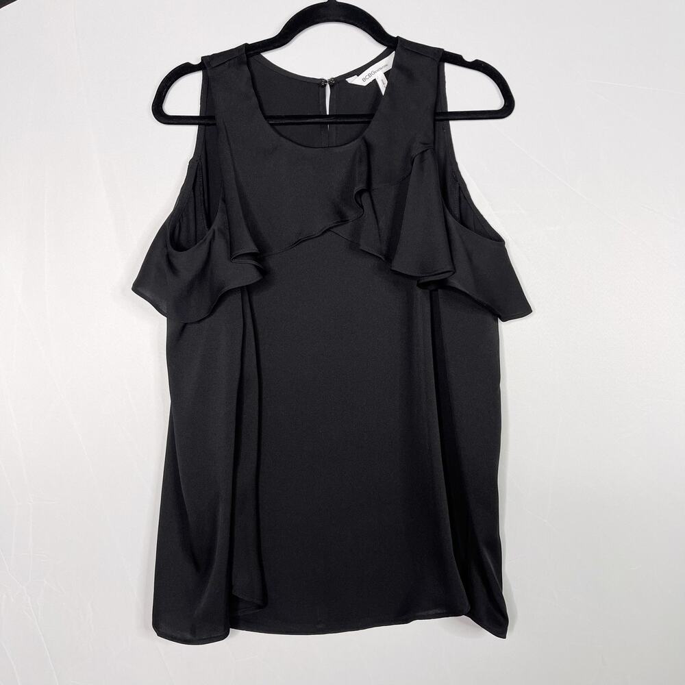 BCBGeneration Black Cold Shoulder Ruffle Long Sleeve Blouse Top Small Keyhole